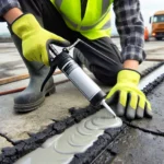 DALL·E 2025-03-07 21.58.13 - A close-up of a worker sealing cracks and joints in a concrete surface using a waterproof sealant and a caulking gun. The worker is wearing safety glo